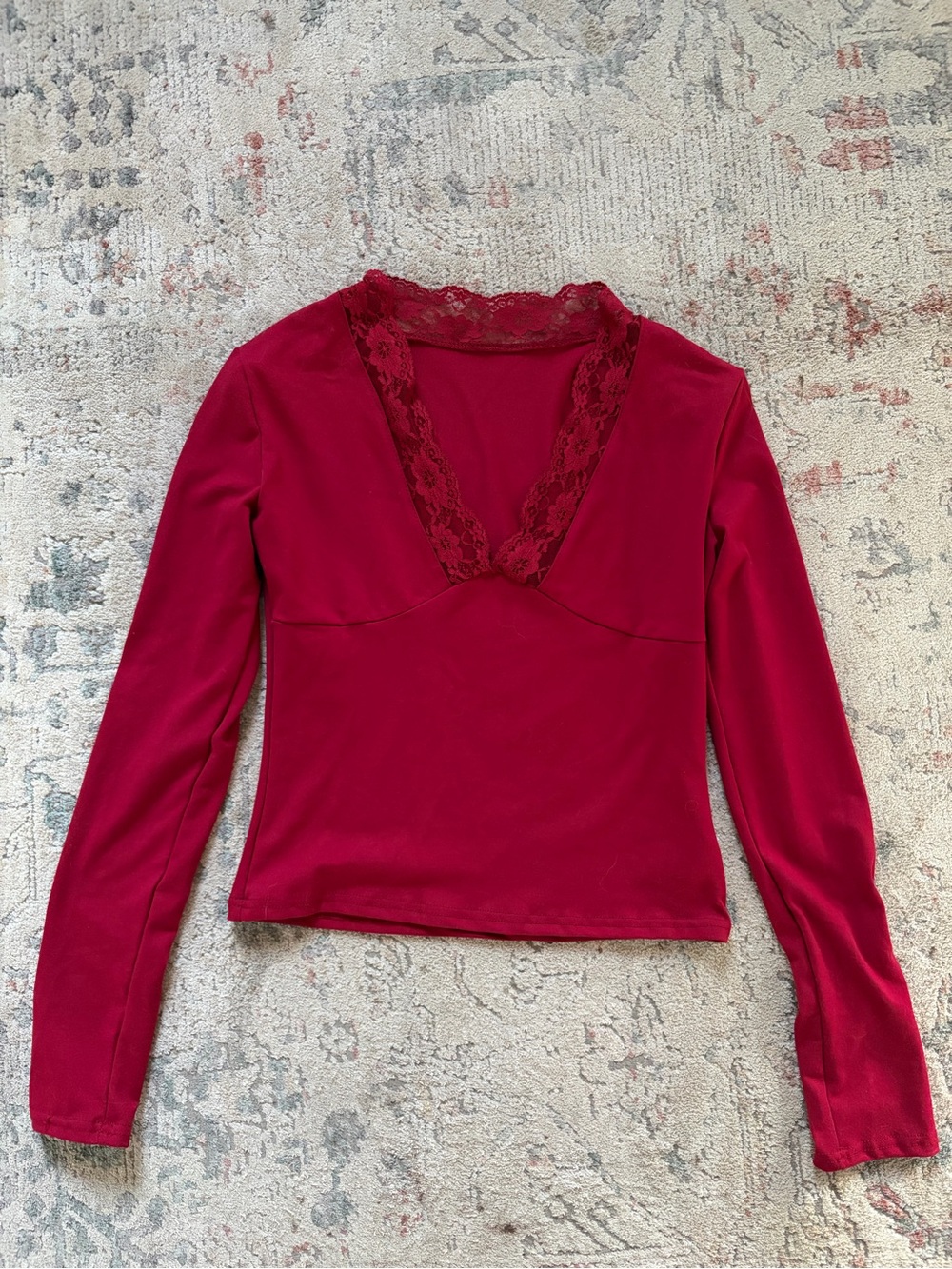 Red Lace-Trim Long Sleeve V-Neck Top